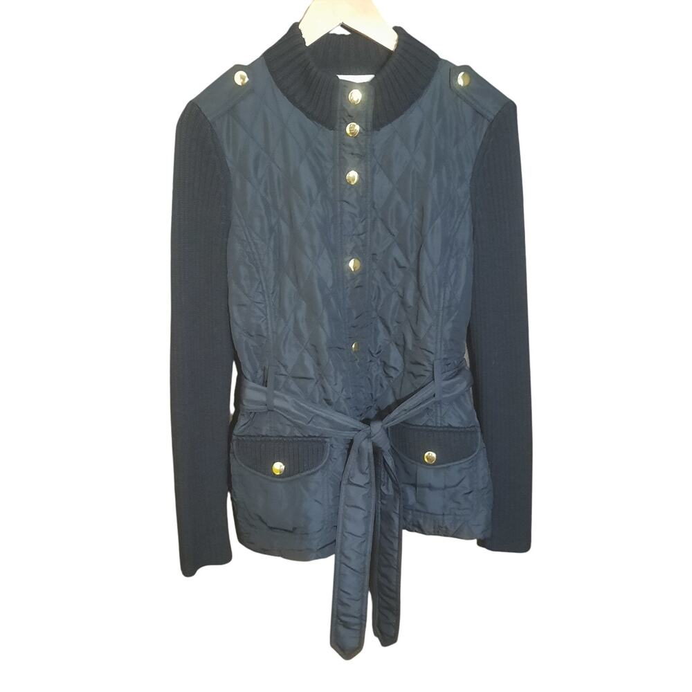 Banana Republic Womens Black Quilted Belted Sweater Jacket Italian Wool Size M